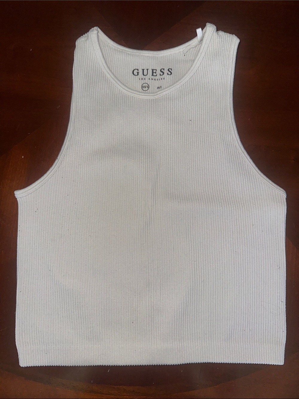 GUESS Cream Ribbed High-Neck Crop Tank